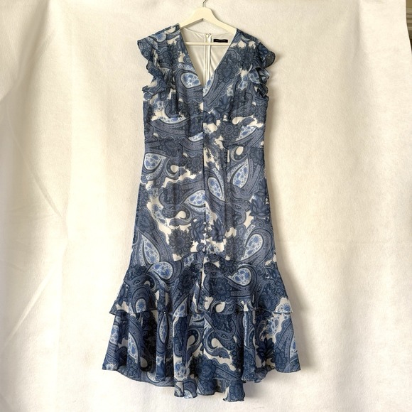 Tommy Hilfiger Women's Blue Paisley-Print Ruffled V Neck‎  Midi Dress Size 14 - Picture 1 of 9